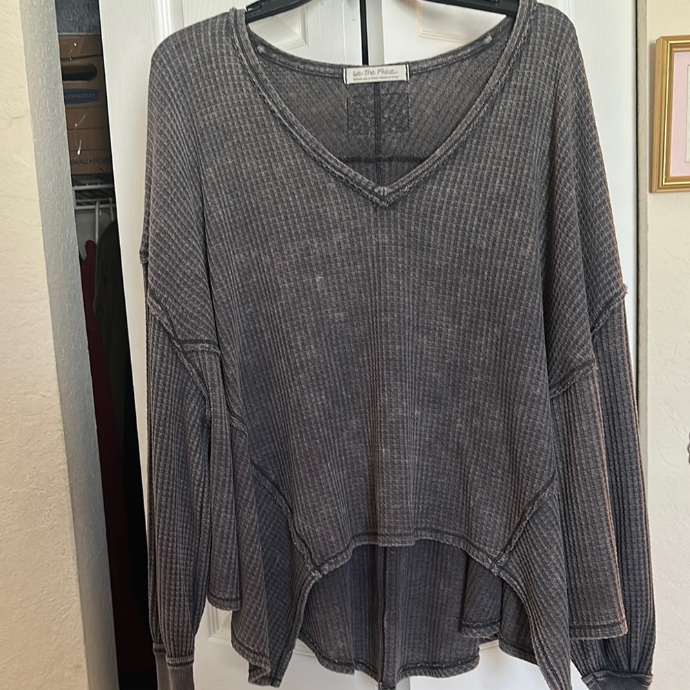 Free People Gray Ribbed Relaxed Sweatshirt